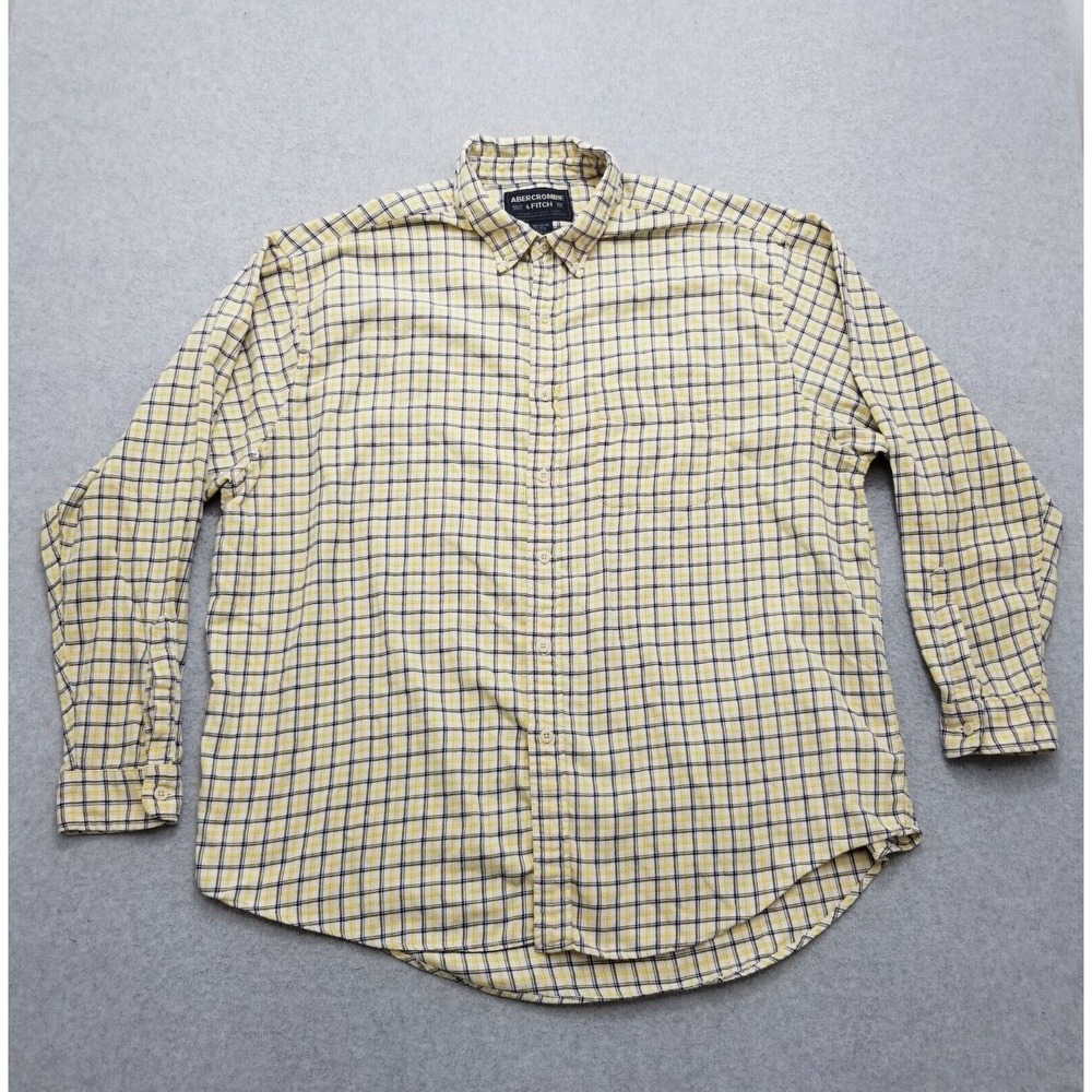 Abercrombie Fitch Shirt Mens XL Yellow Plaid Button Up Pockets Oversized